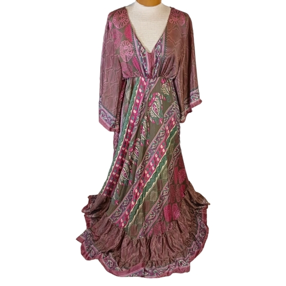 Celina, Boho, Maxi, Dress, OSFM, Silk Blend, Paisley, Magenta - Picture 1 of 12